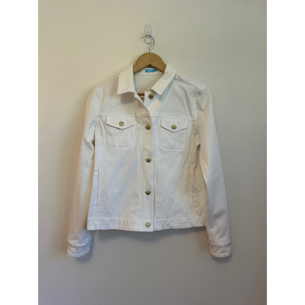 J.McLaughlin White Denim Jacket with Gold Buttons | Size Medium